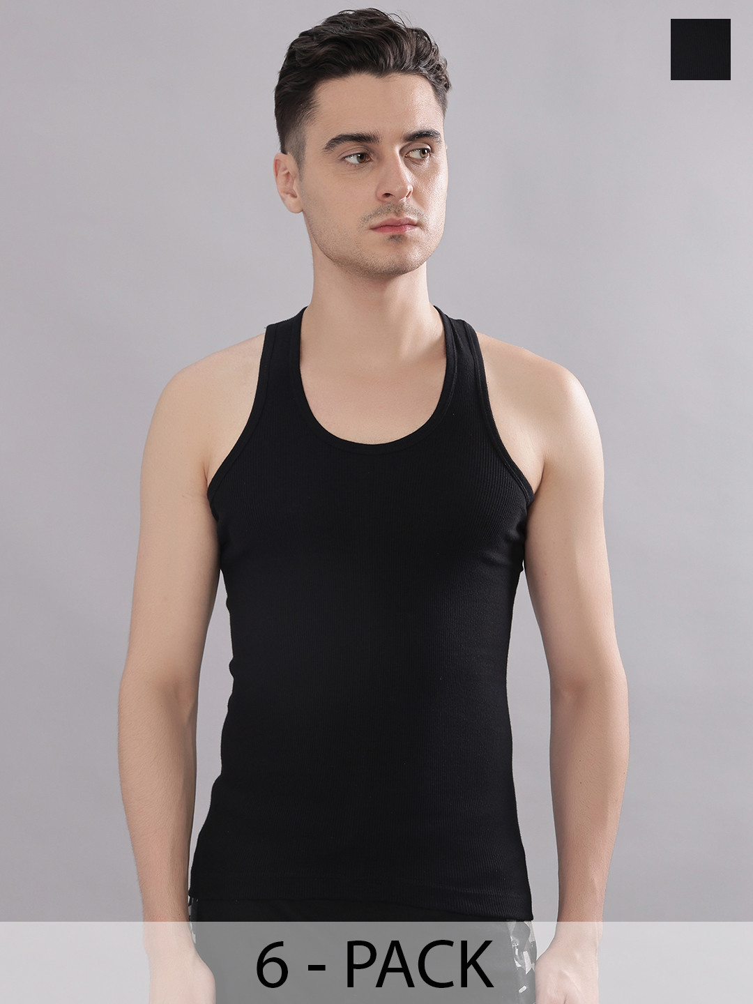 Dollar Bigboss Men Solid Pack of 6 Black Cotton Stretch Rib Regular Fit Casual Vest