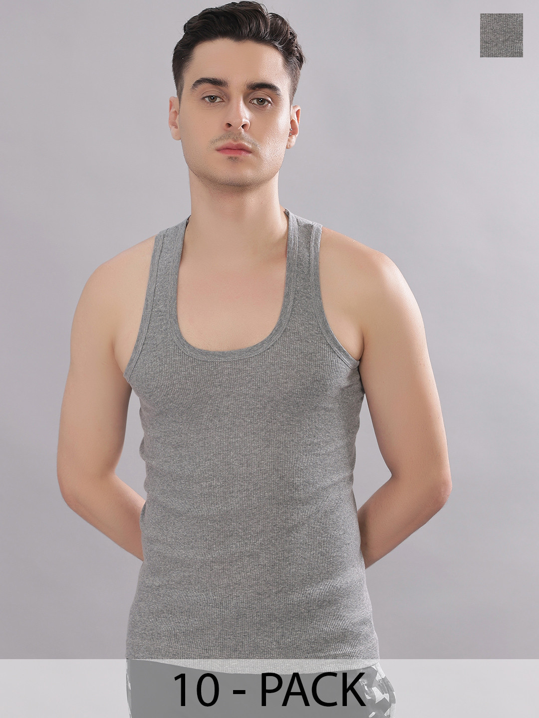 Dollar Bigboss Men Solid Pack of 10 Grey Cotton Stretch Rib Regular Fit Casual Vest