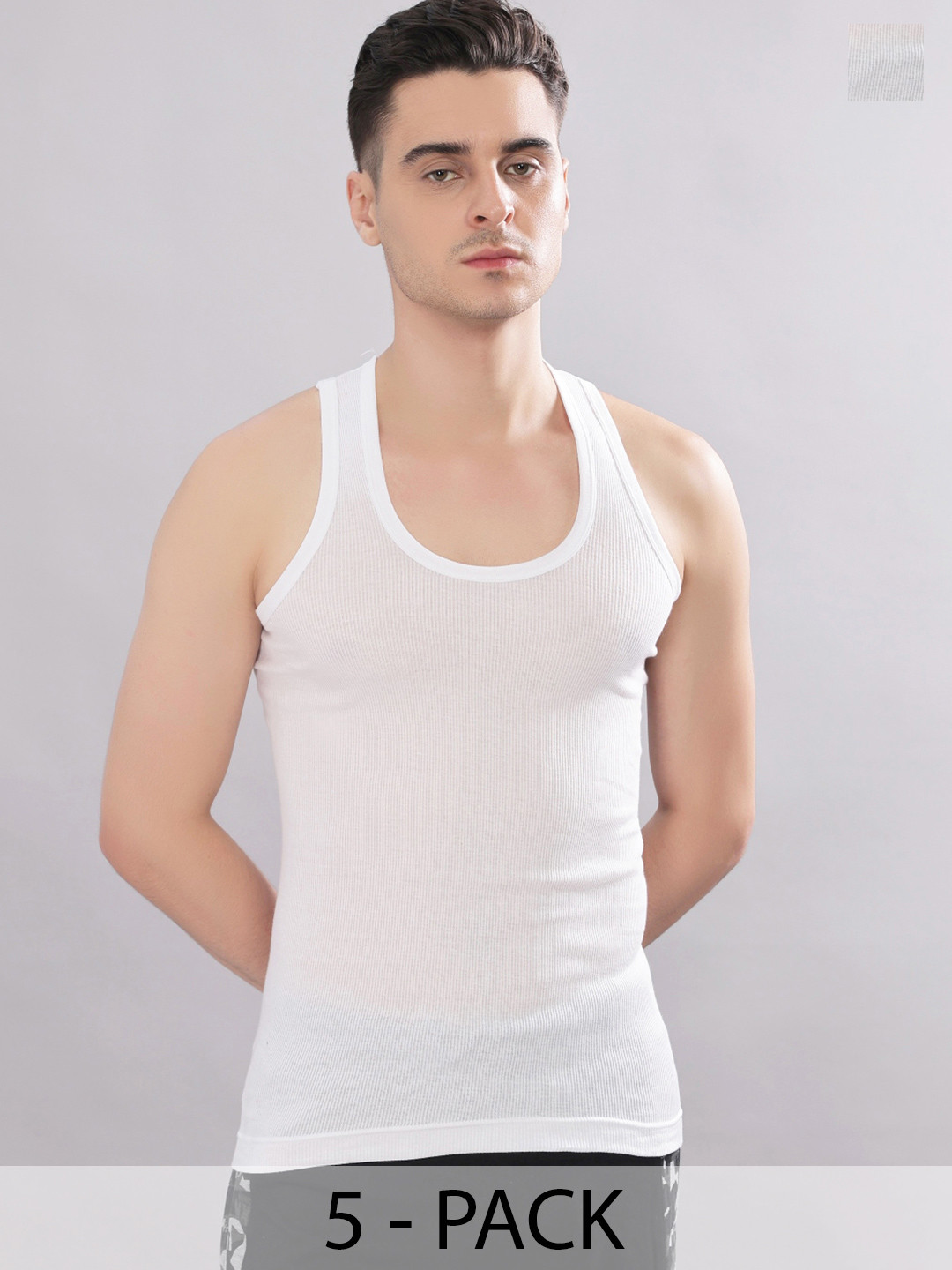 Dollar Bigboss Men Solid Pack of 5 White Cotton Stretch Rib Regular Fit Casual Vest