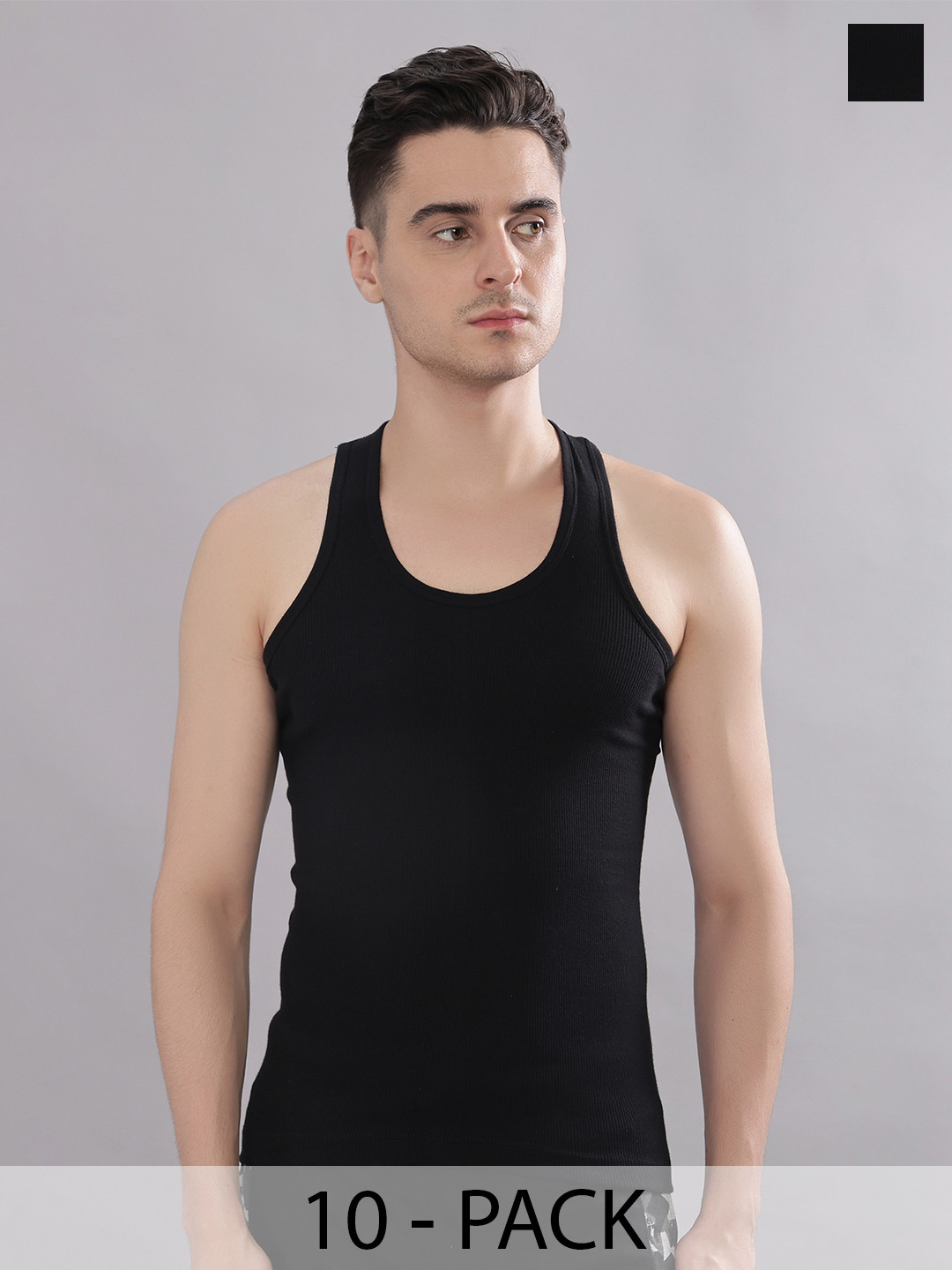 Dollar Bigboss Men Solid Pack of 10 Black Cotton Stretch Rib Regular Fit Casual Vest