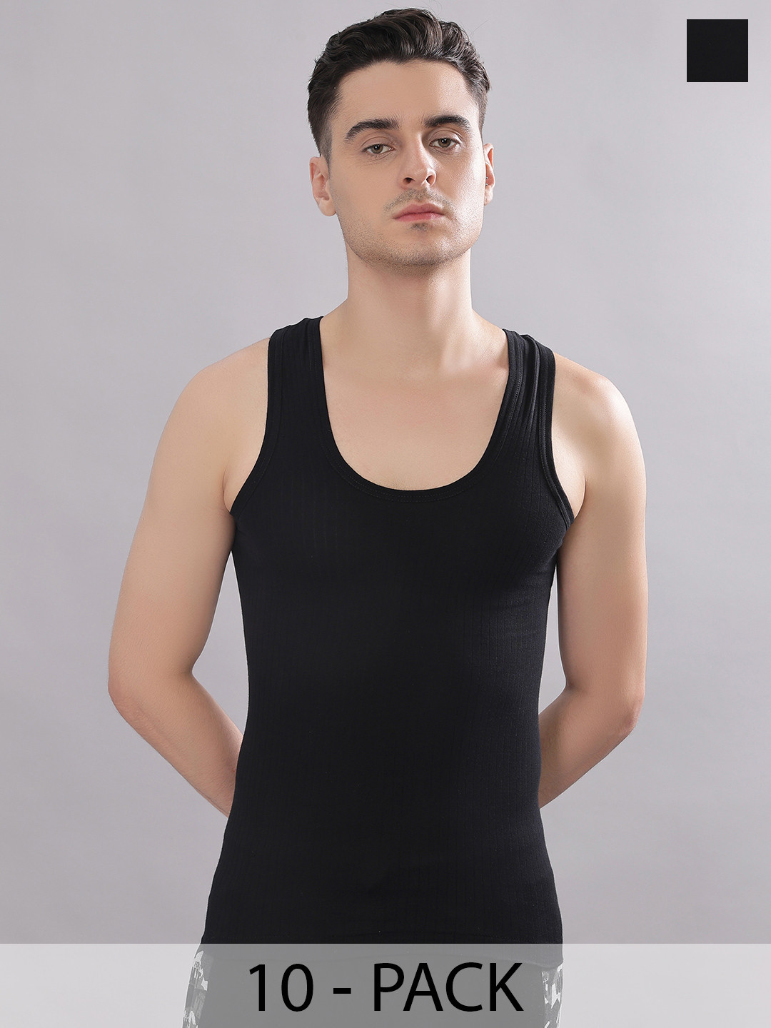 Dollar Bigboss Men Solid Pack of 10 Black Cotton Magic Rib Regular Fit Casual Vest