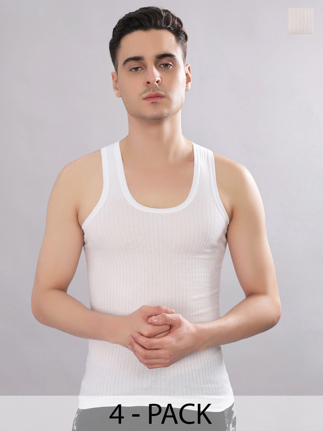 Dollar Bigboss Men Solid Pack of 4 White Cotton Magic Rib Regular Fit Casual Vest