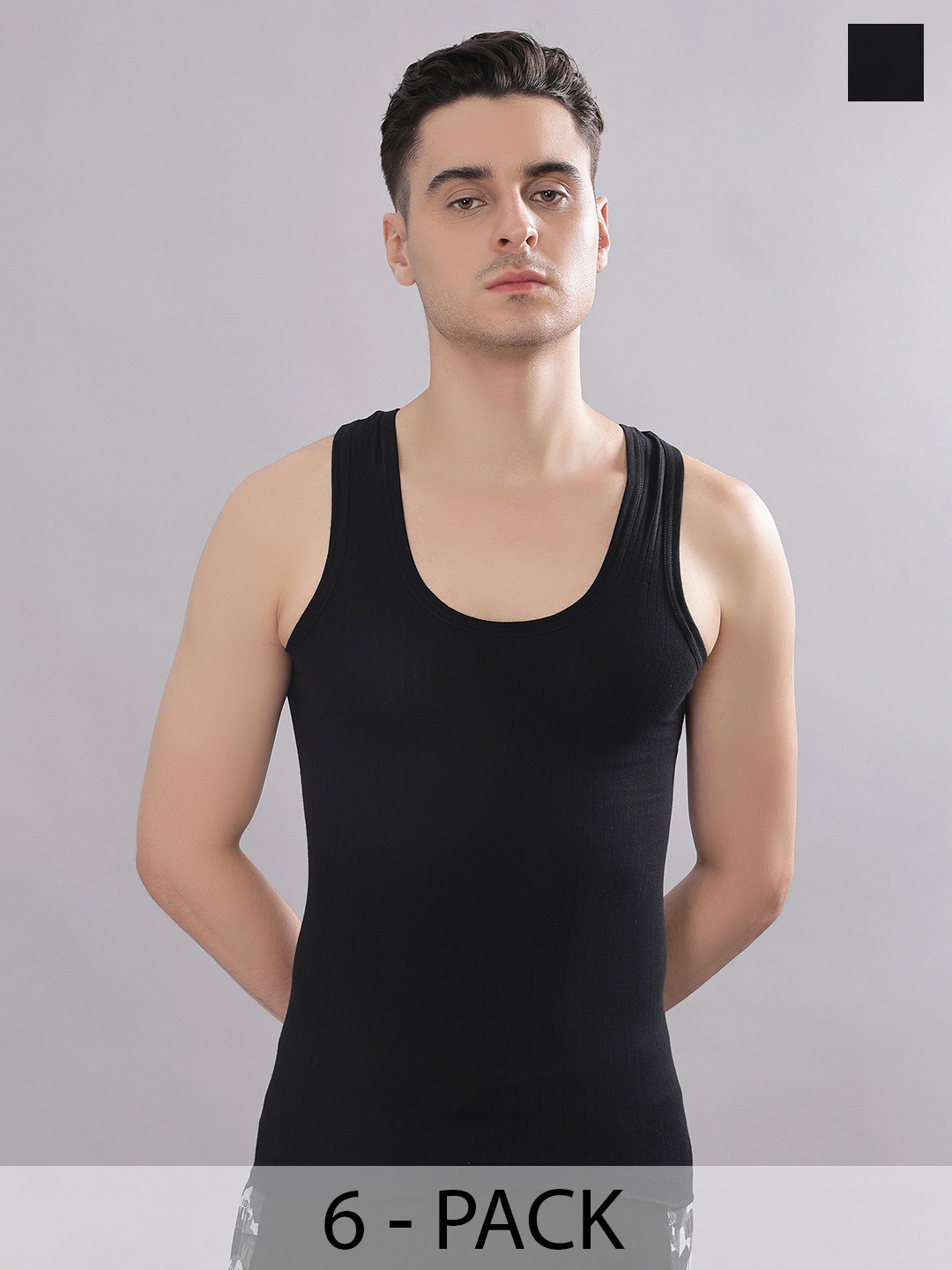 Dollar Bigboss Men Solid Pack of 6 Black Cotton Magic Rib Regular Fit Casual Vest
