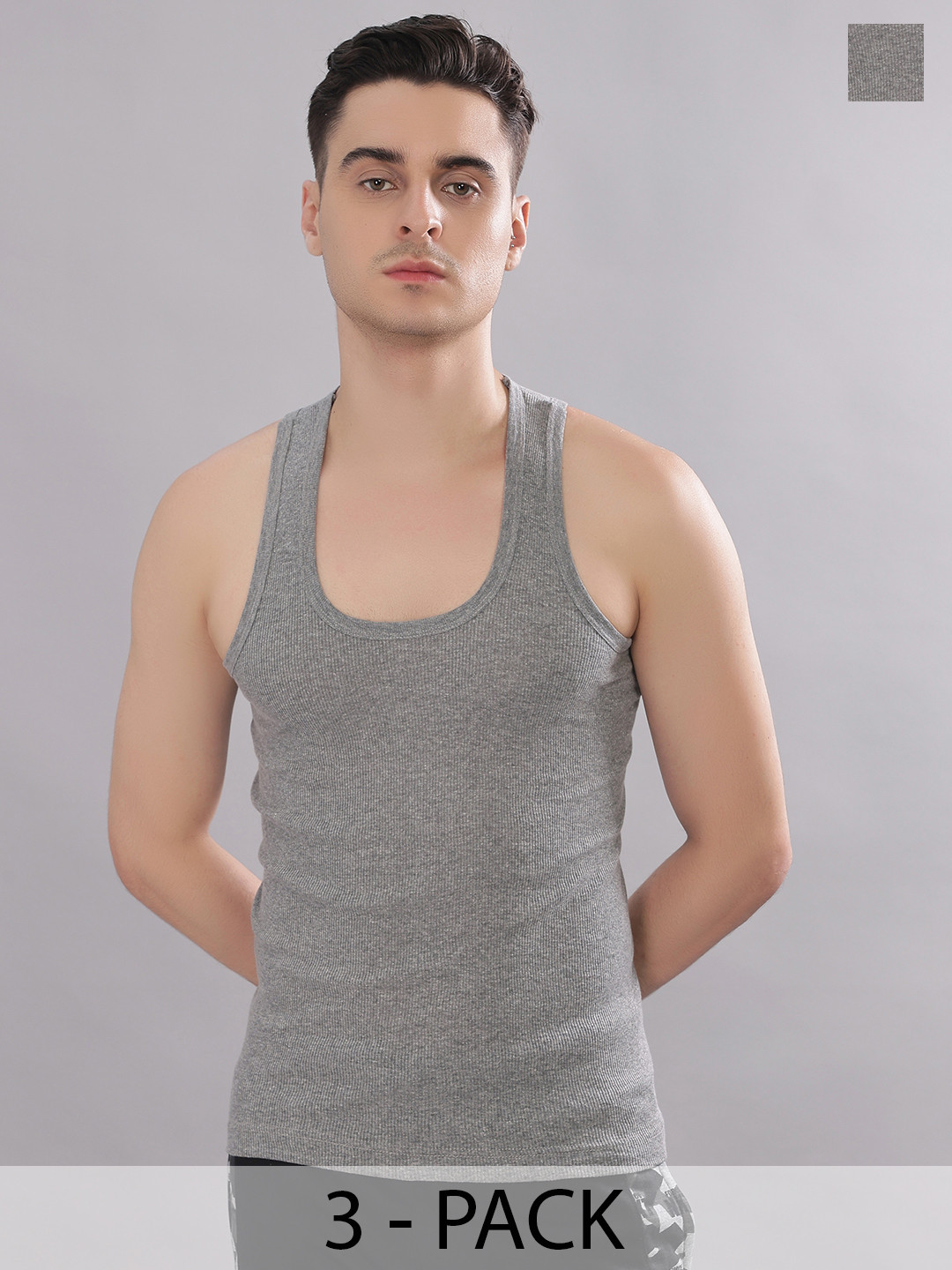 Dollar Bigboss Men Solid Pack of 3 Grey Cotton Stretch Rib Regular Fit Casual Vest