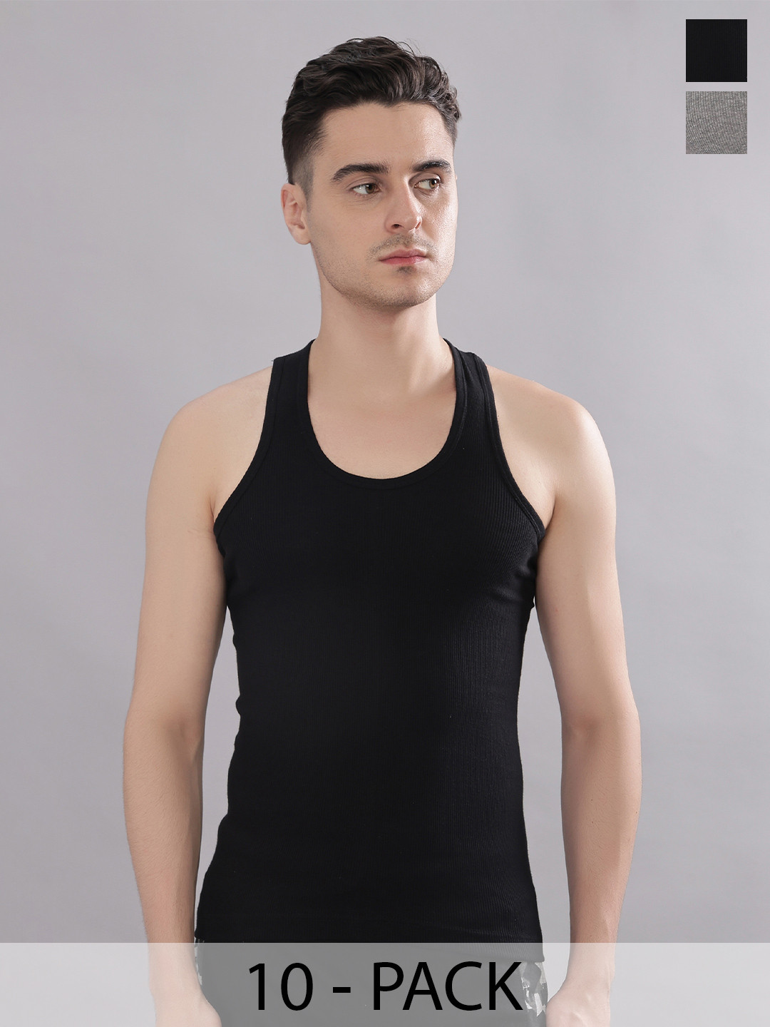 Dollar Bigboss Men Solid Pack of 10 Cotton Stretch Rib Regular Fit Casual Vest