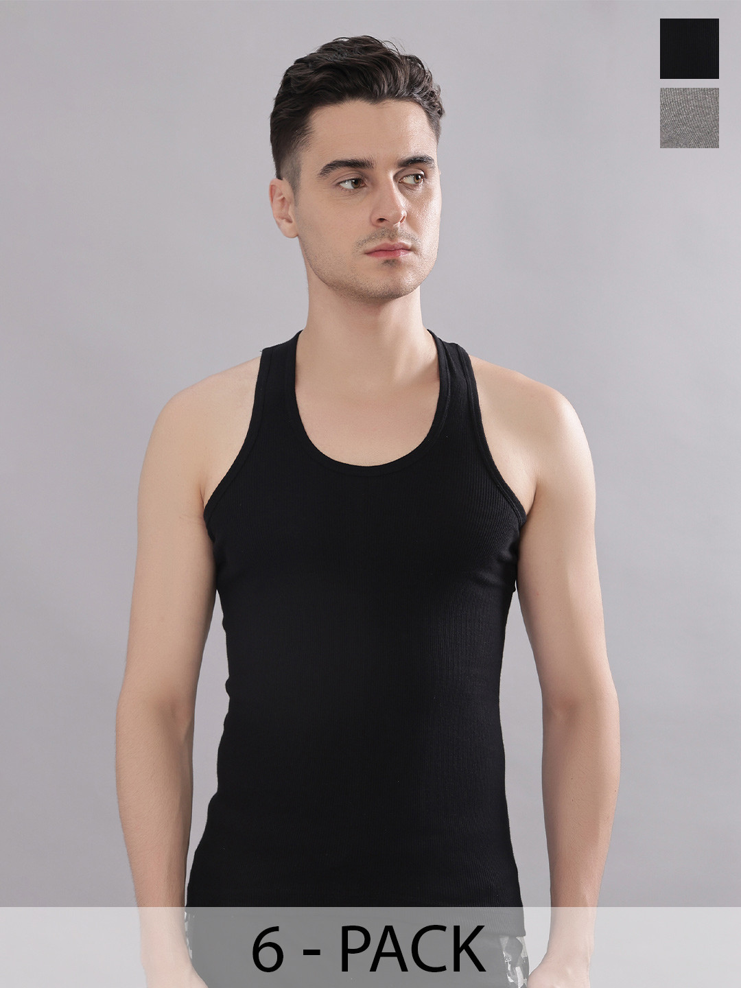 Dollar Bigboss Men Solid Pack of 6 Cotton Stretch Rib Regular Fit Casual Vest