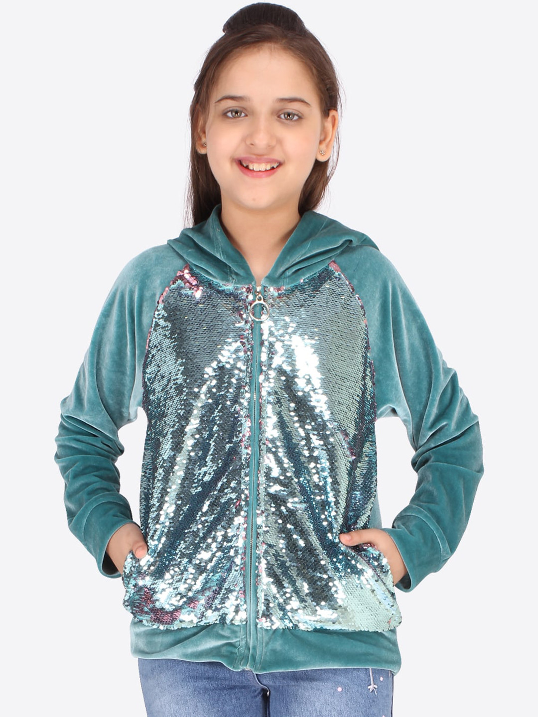 CUTECUMBER Girls Green Printed Hooded Sweatshirt