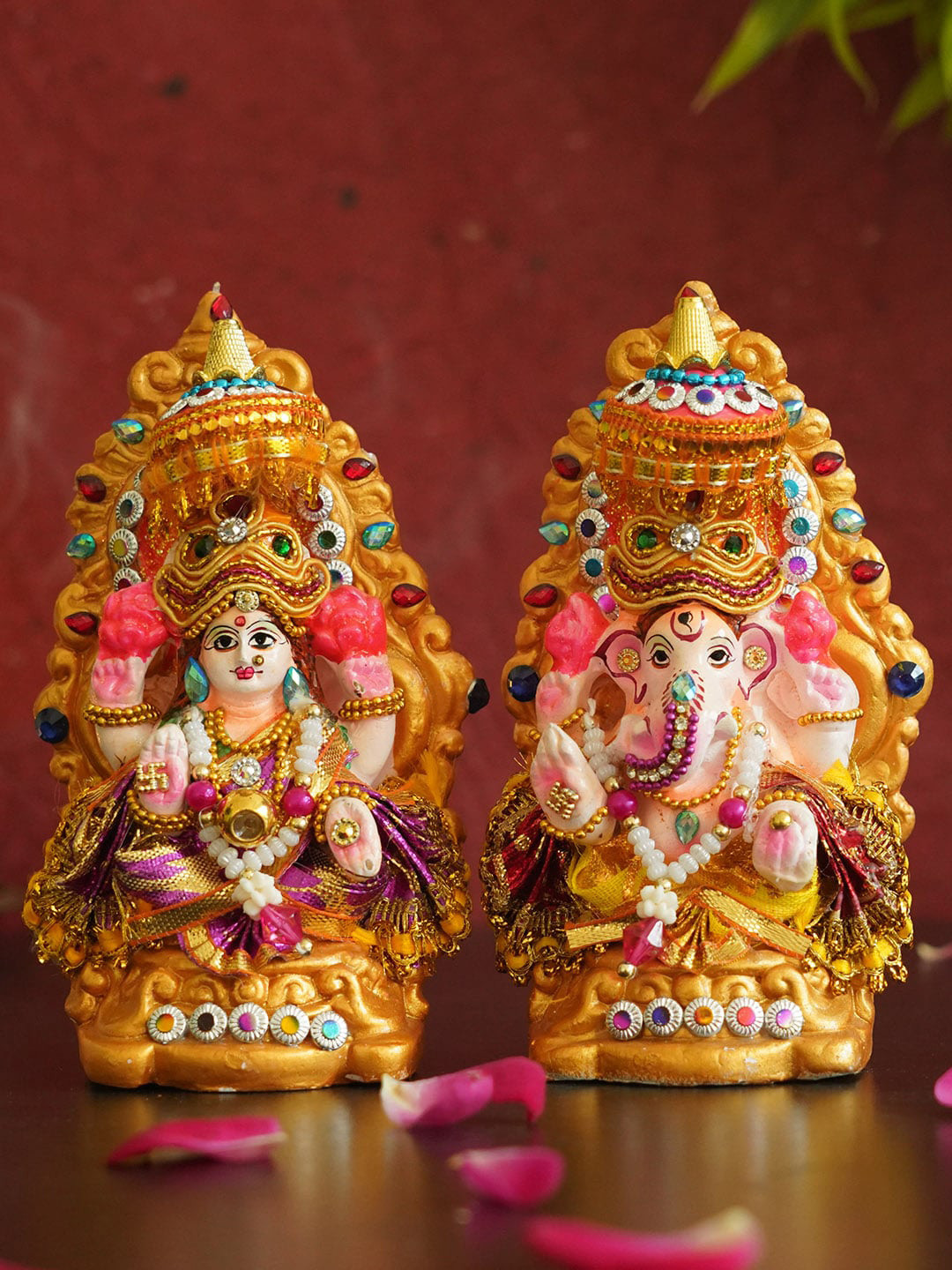 TIED RIBBONS Lord Laxmi Ganesha Gold Resin Matte Prayer Room Set of 2 Medium Showpieces - 1.1 Inches