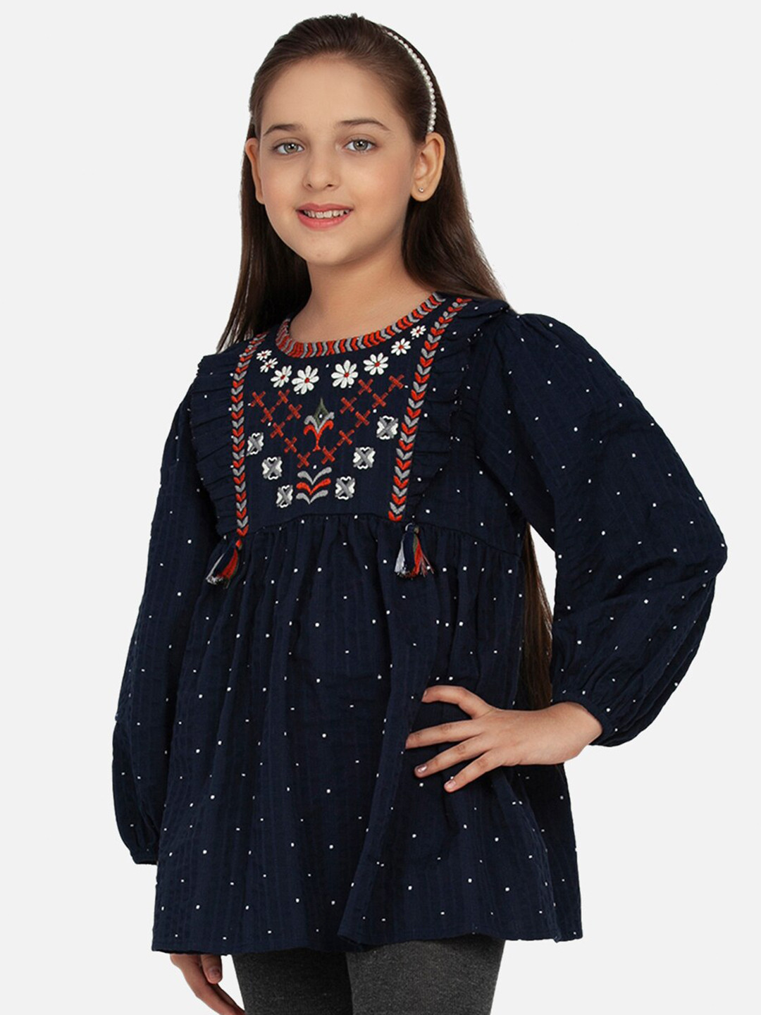 BLANC9 Girls Navy Blue & White Embroidered Cotton Pleated Tunic