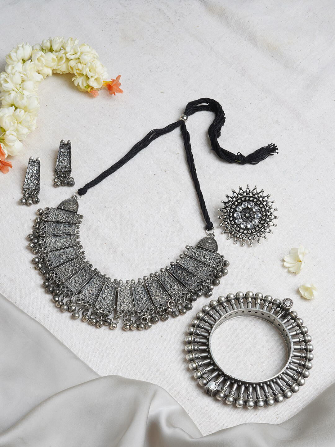 TEEJH Oxidised Silver-Plated White Stone-Studded Hita Jewellery Set
