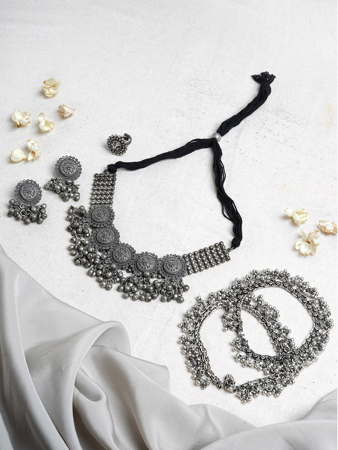 TEEJH Oxidised Silver-Plated White Beaded Srinaya Jewellery Set