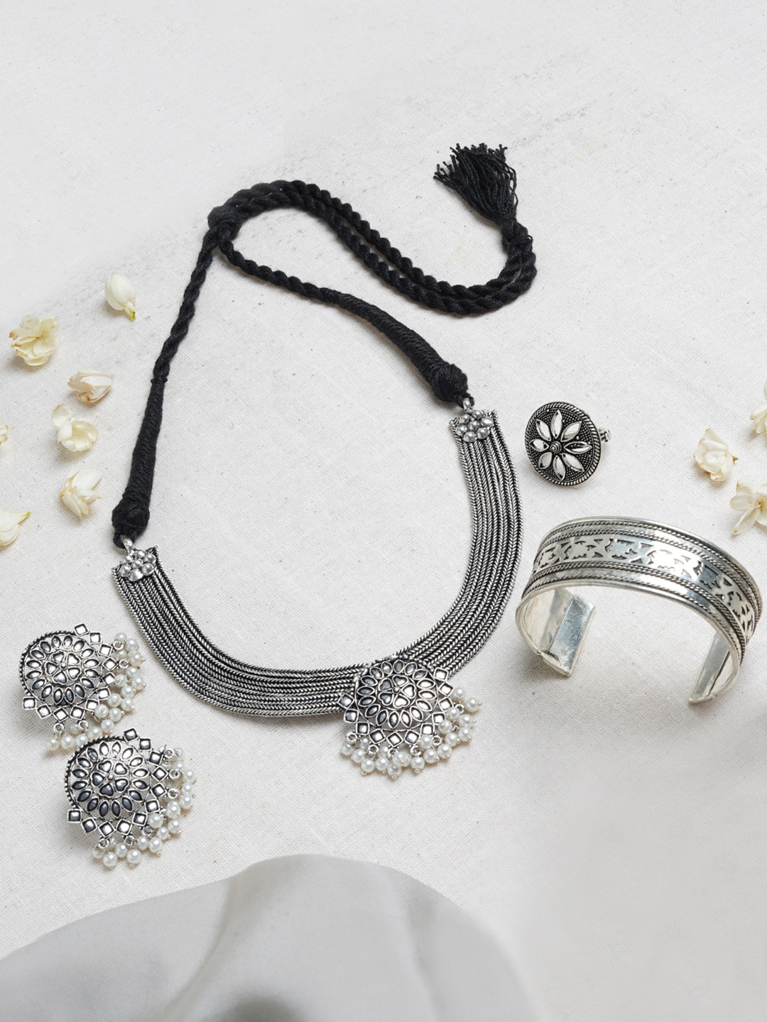 Teejh Mandana Oxidised Silver-Plated White Beaded Jewellery Set