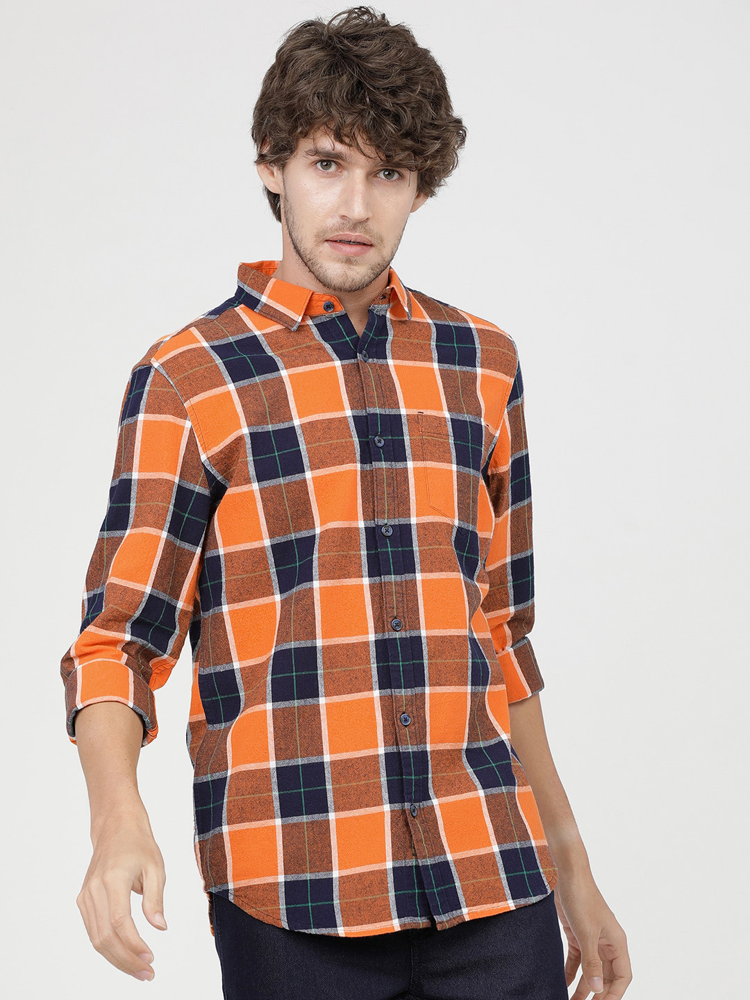 HIGHLANDER Men Orange Slim Fit Buffalo Checks Opaque Checked Casual Shirt