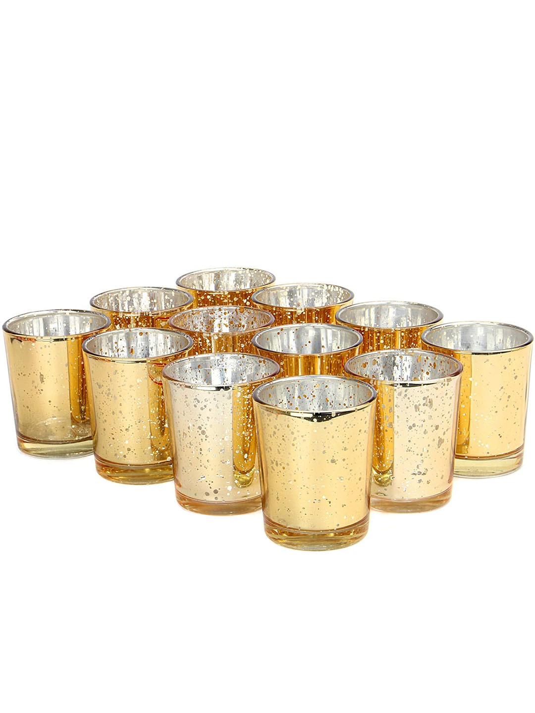 TIED RIBBONS Set Of 12 Gold-Toned Patterned Glass Candle Holders With Candles