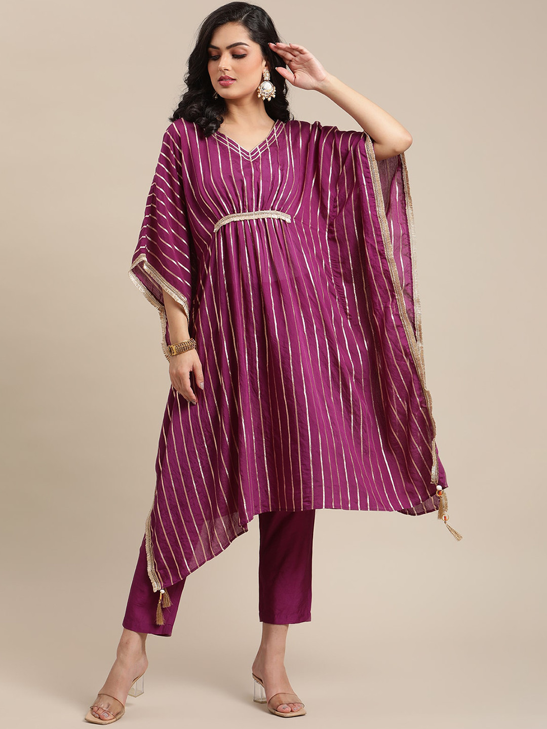 Varanga Women Burgundy Striped Pleated Kurta with Trousers