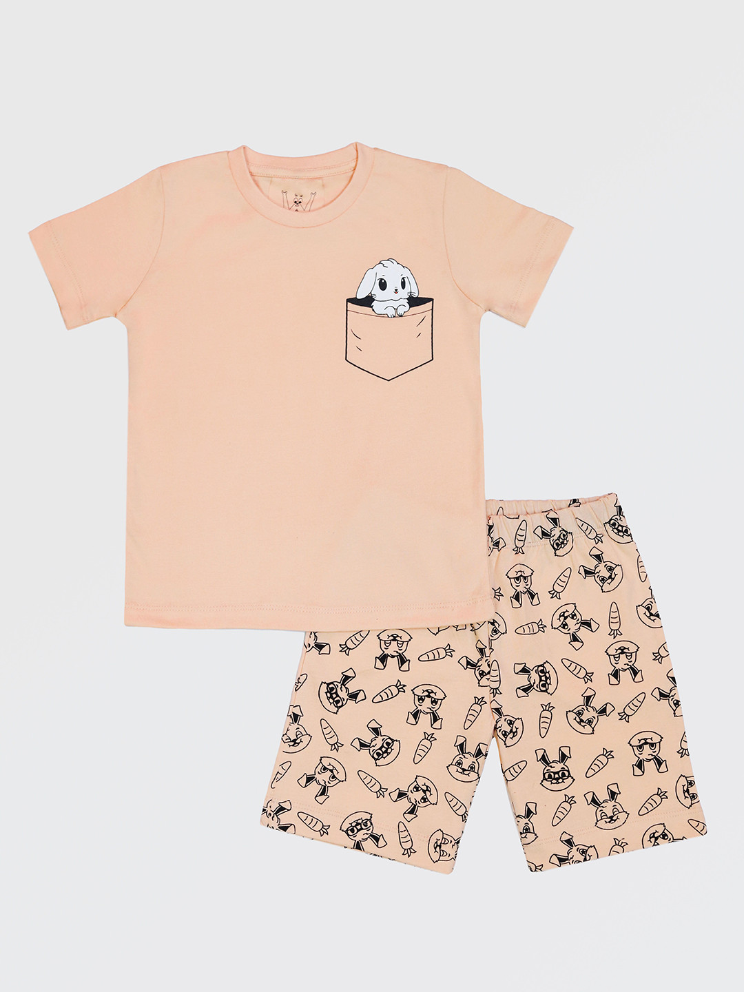 Wyld Sprog Boys Peach & Black Bunny Printed Pure Cotton T-Shirt With Shorts