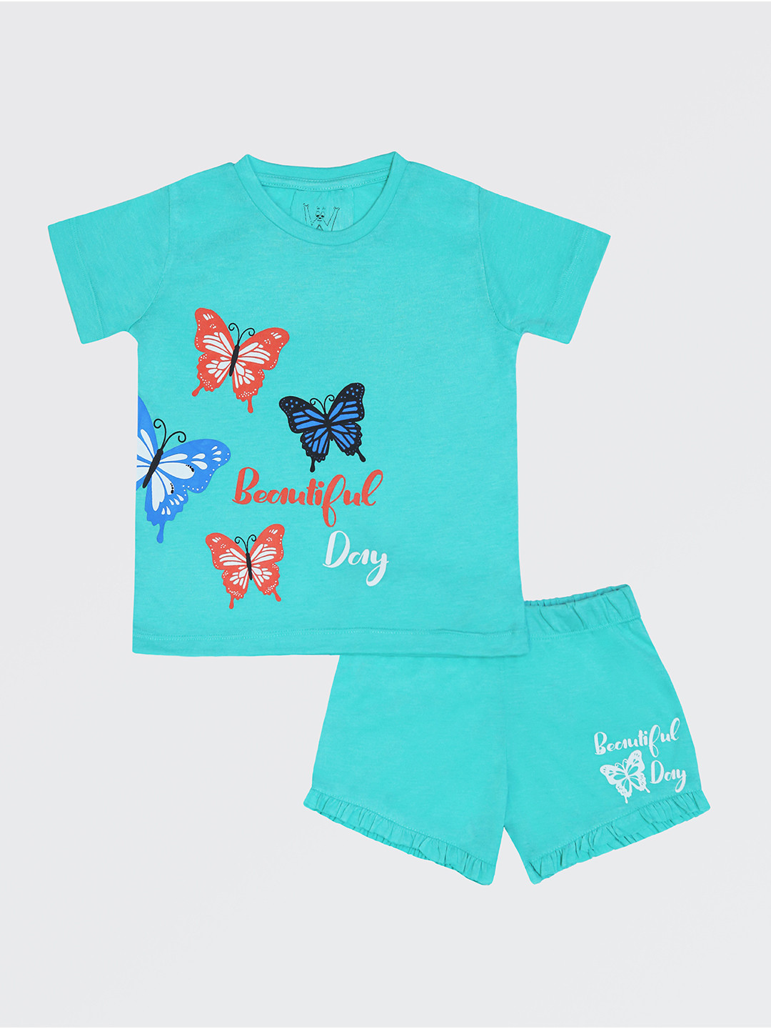 Wyld Sprog Girls Sea Green & Red Printed T-shirt with Shorts