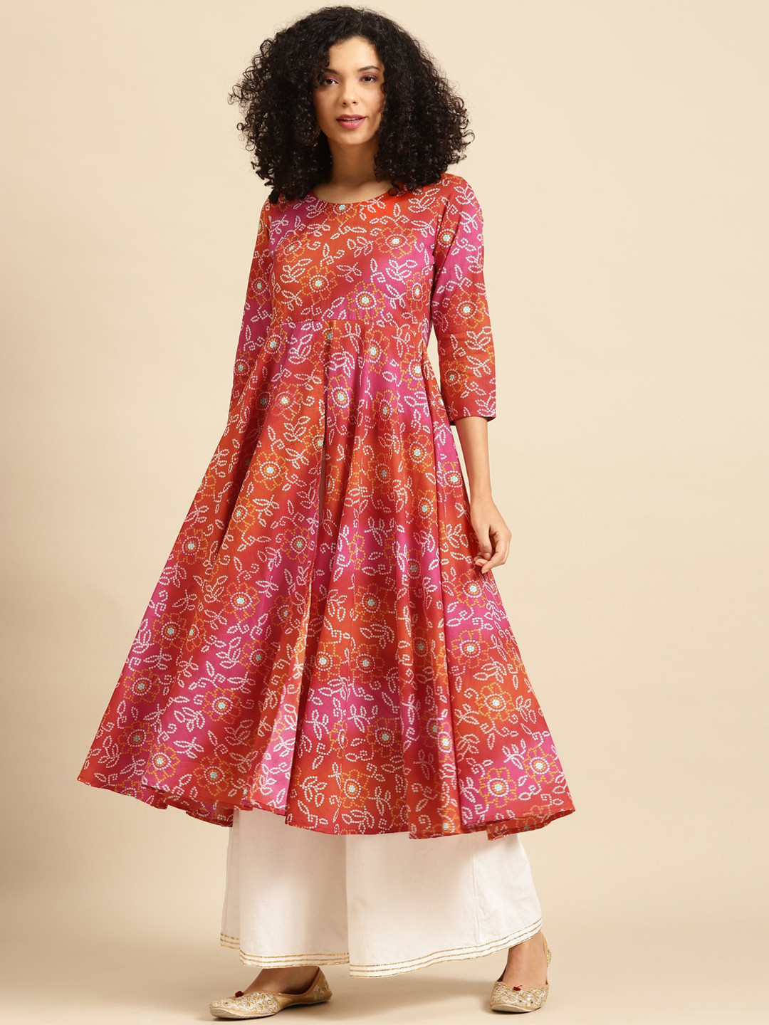 anayna Women Pink & White Pure Cotton Bandhani Printed Anarkali Kurta