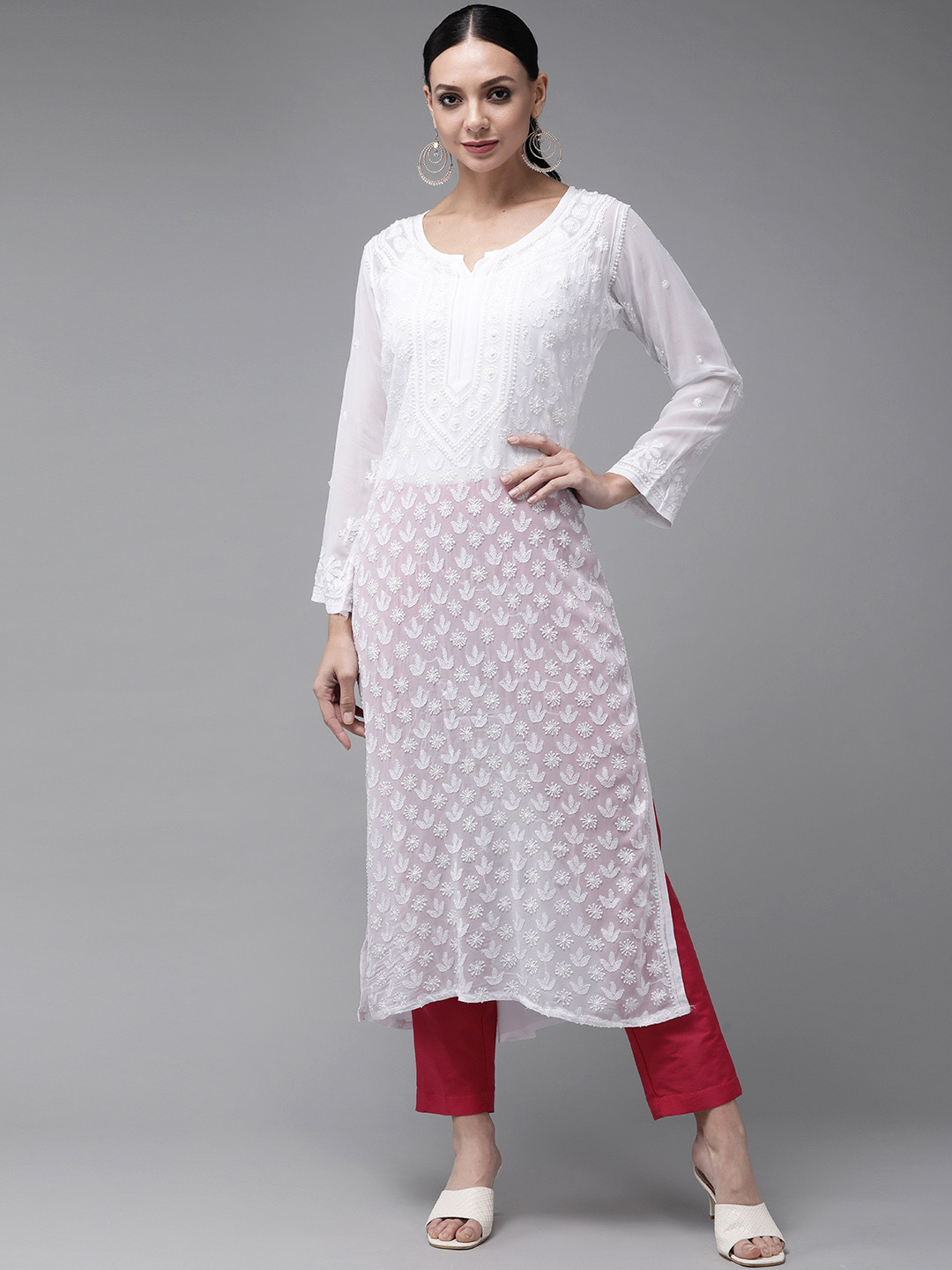 ADA Women White Ethnic Motifs Embroidered Chikankari Georgette Kurta