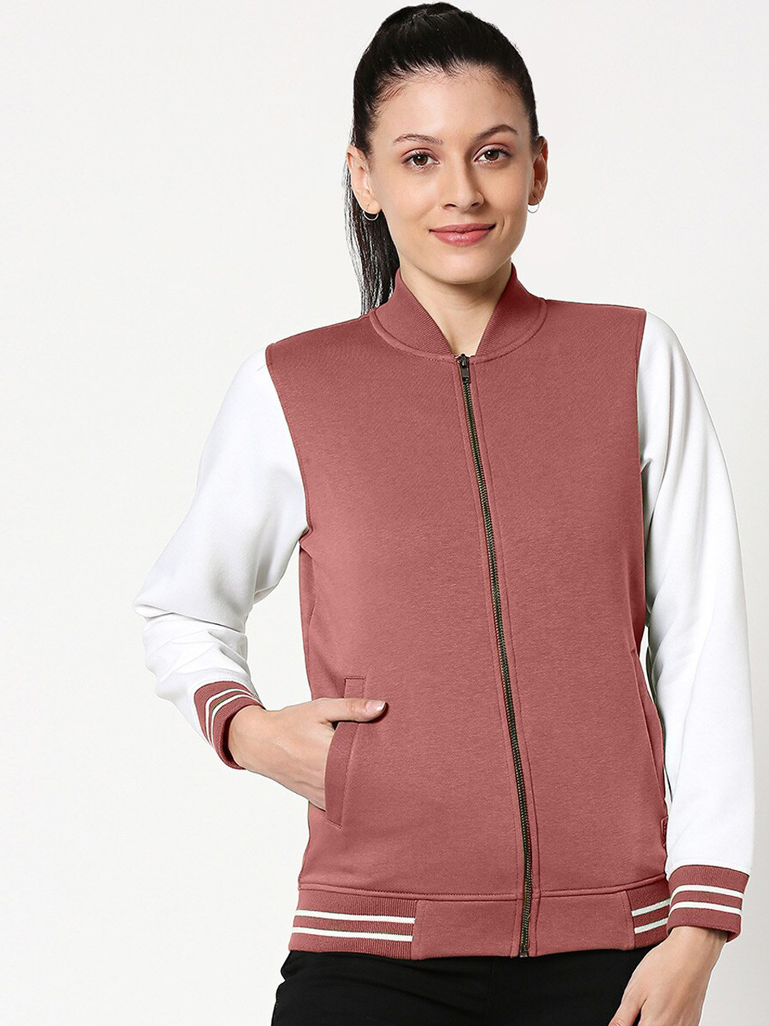 Bewakoof Women Pink Varsity Solid Jacket