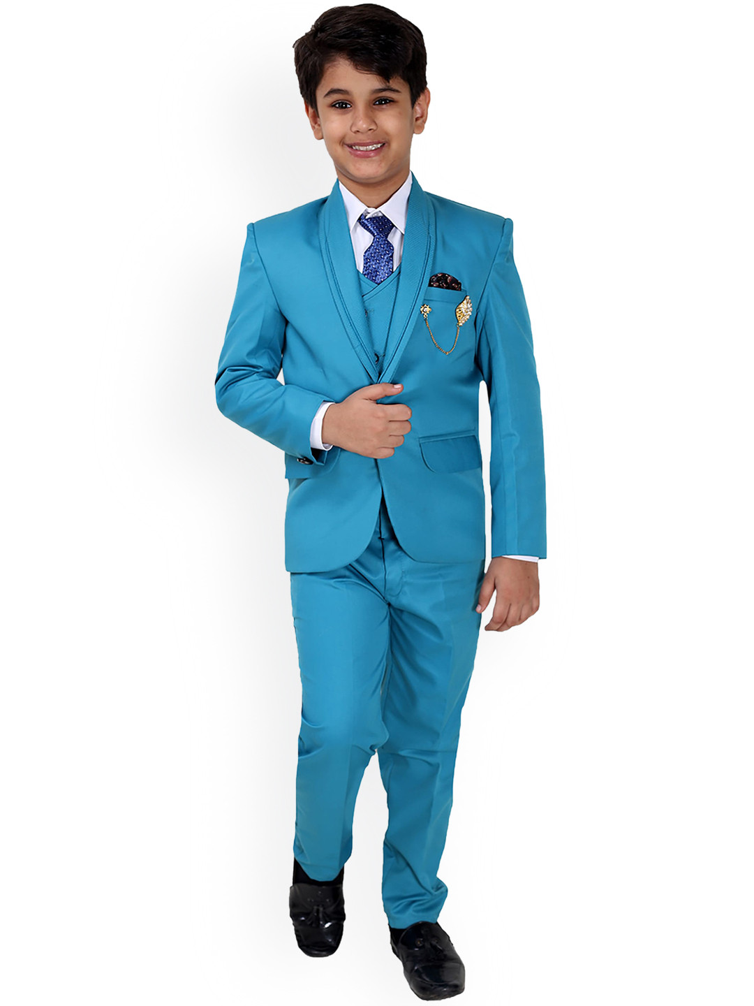 FOURFOLDS Boys Turquoise Blue Solid 5-Piece Party Suit