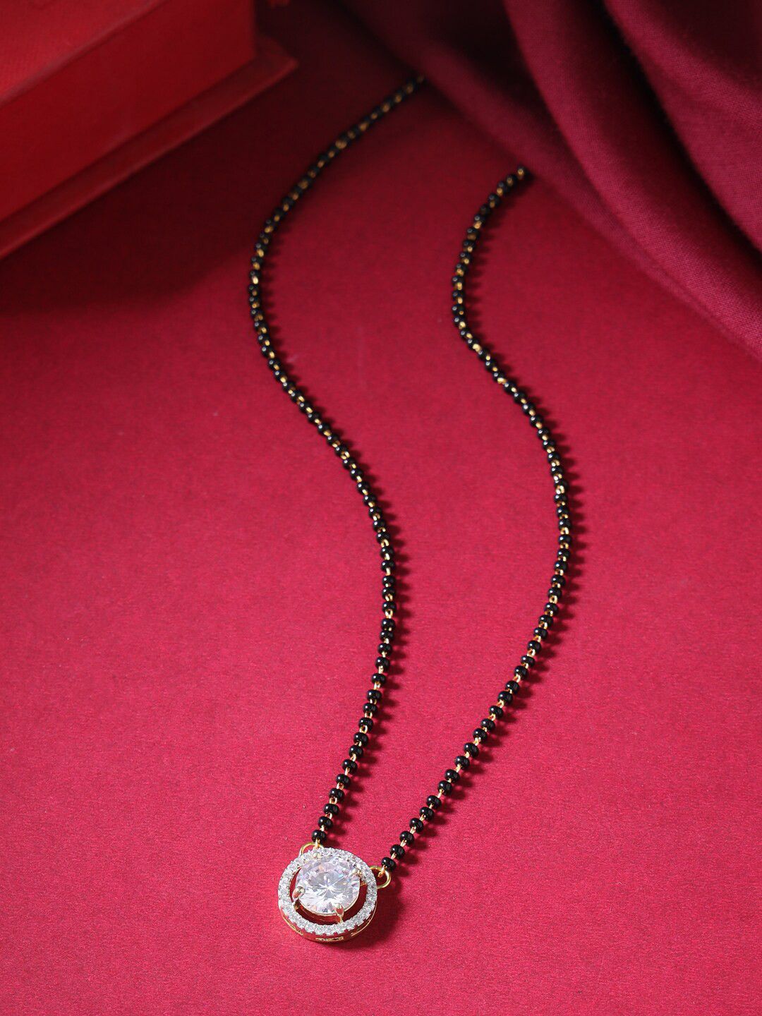 THE AAB STUDIO Gold-Plated Black Beaded & White American Diamond Studded Mangaulsutra