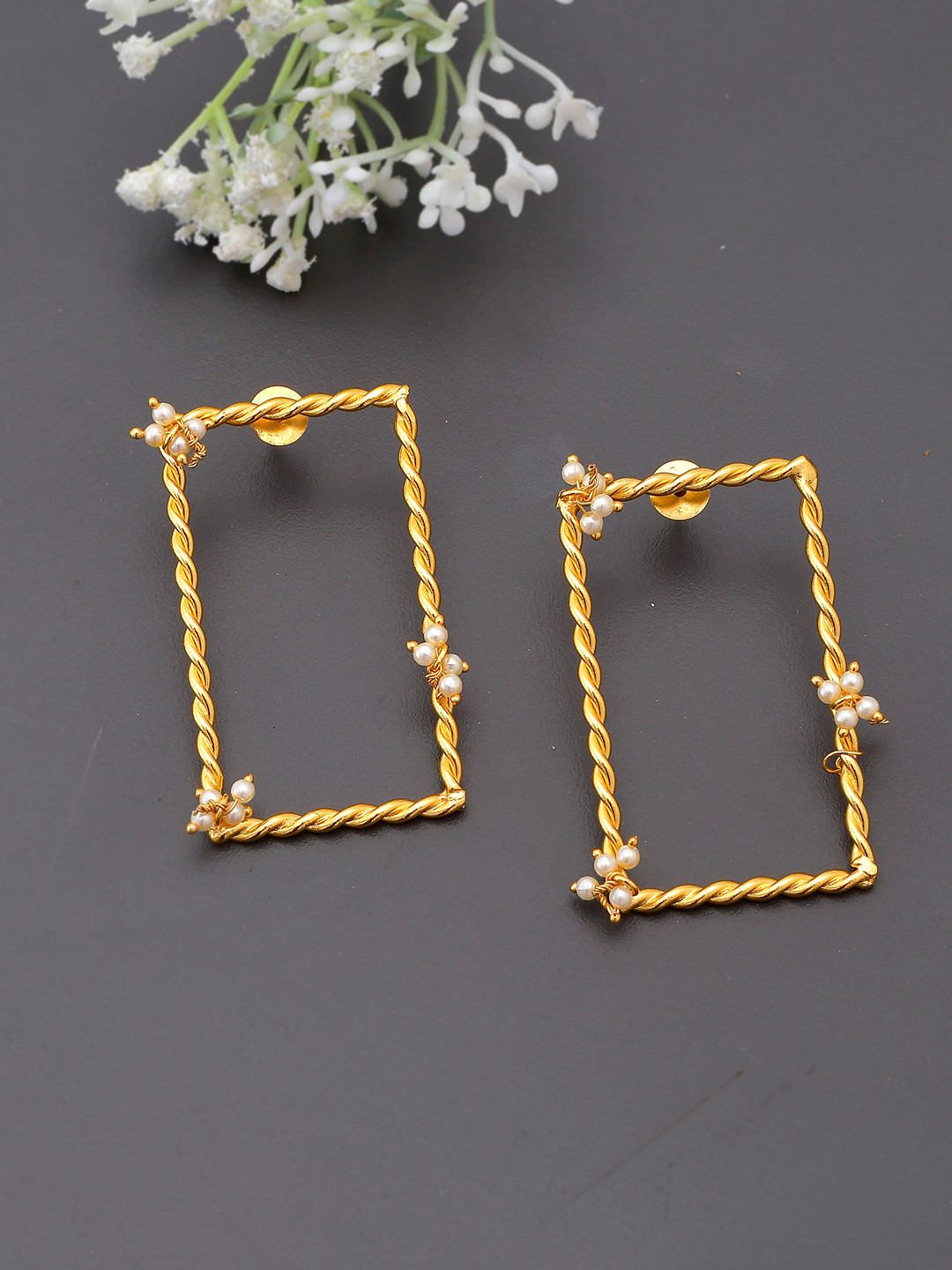 Silvermerc Designs Gold-Toned & White  Brass Gold Plated Twisted Square Drop Earrings