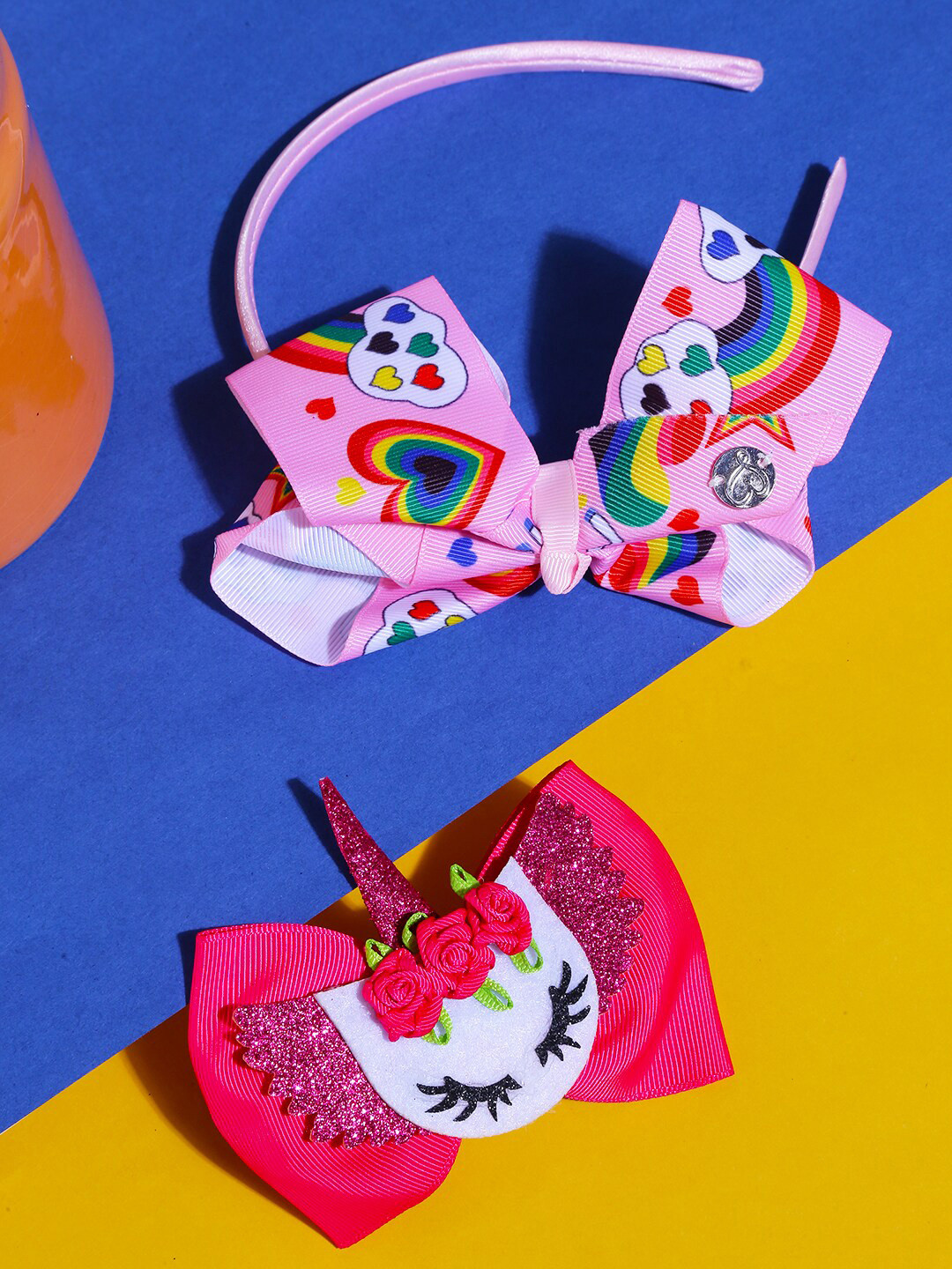 Yellow Chimes Girls Pink & White Set of 2 Unicorn Printed Headband & Alligator Hair Clip