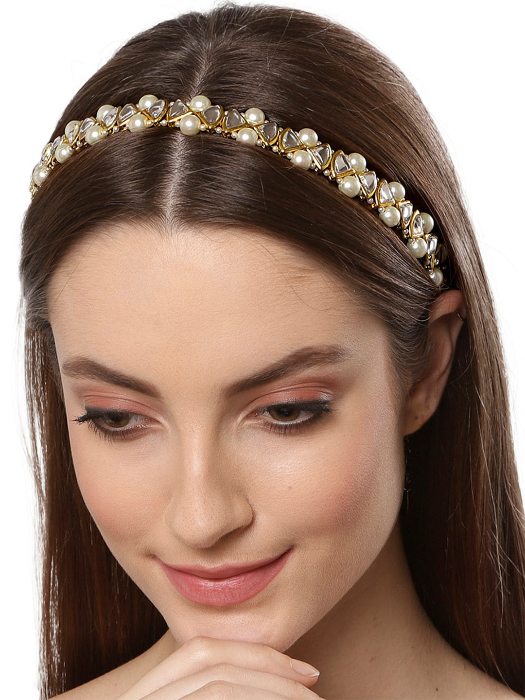 KARATCART Women Gold-Toned & White Pearl and Kunda Studded Embellished Hairband