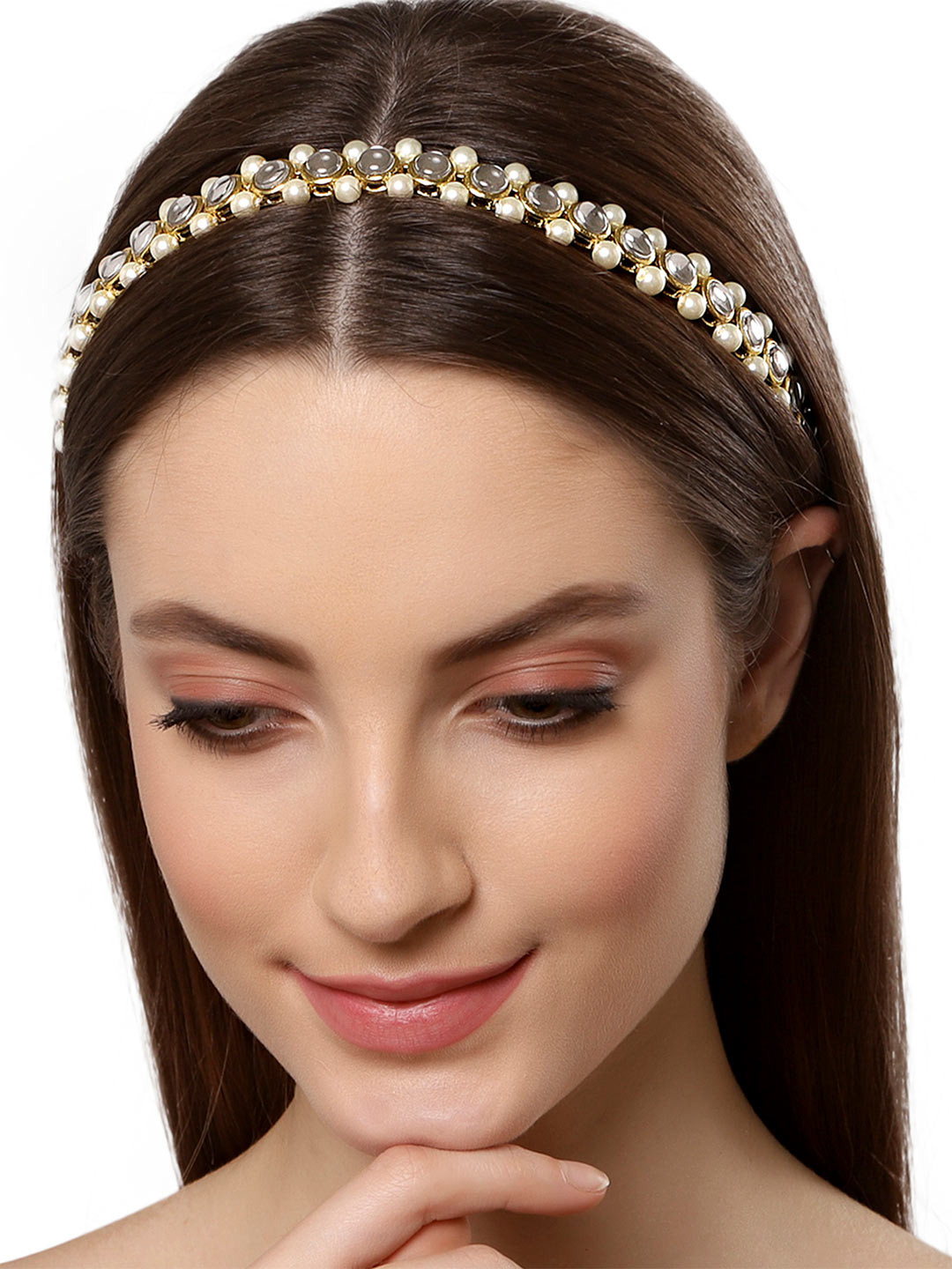 KARATCART Women Gold-Toned & White Round Kundan & Pearl Studded Embellished Hairband