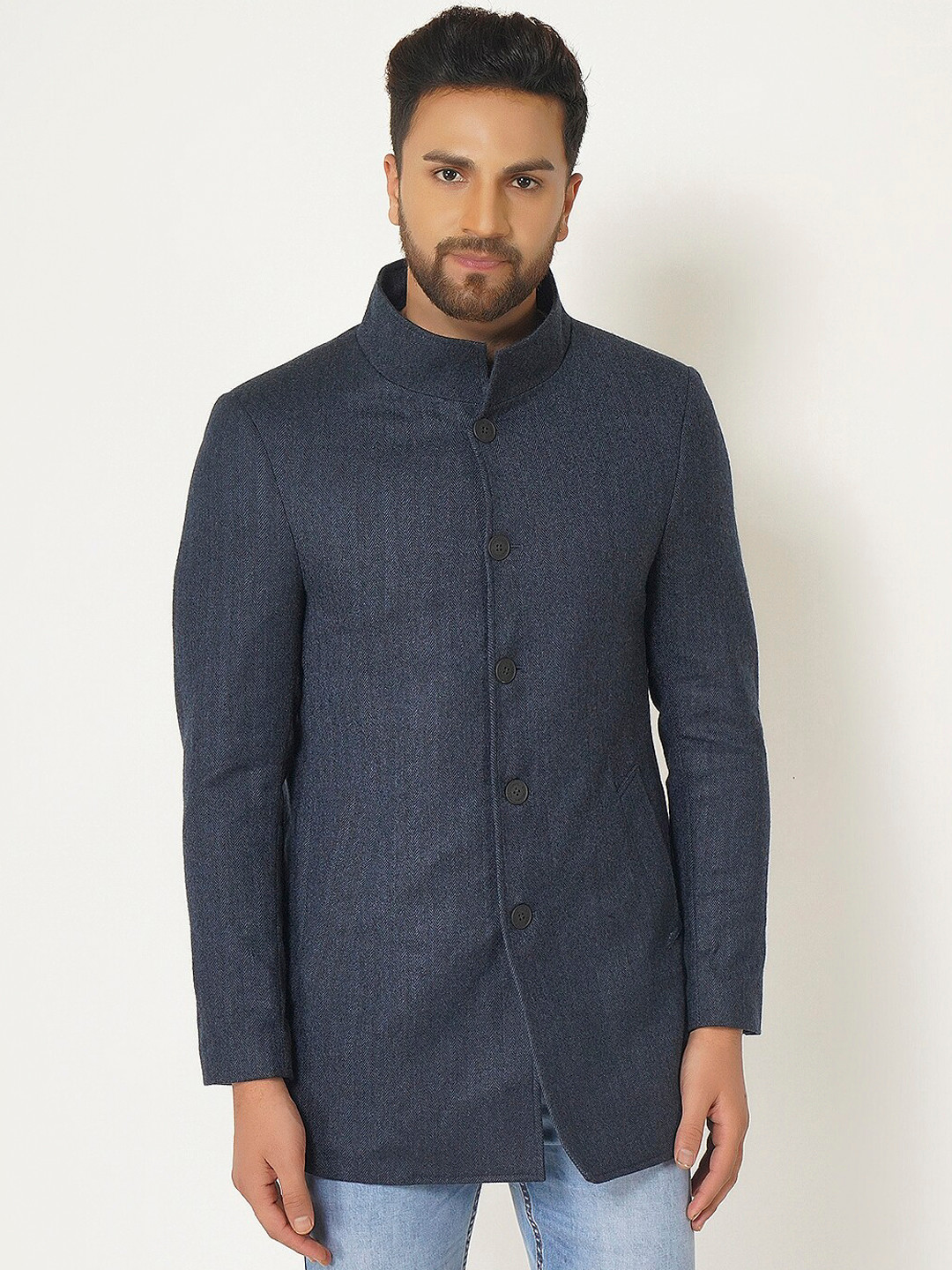 Blackberrys Men Navy Blue Single-Breasted Slim Fit Longline Casual Blazer