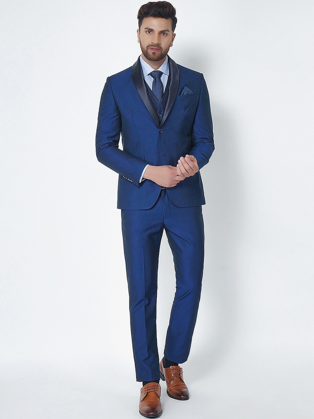 Blackberrys Men Navy Blue Self-Design Slim Fit Formal Suit