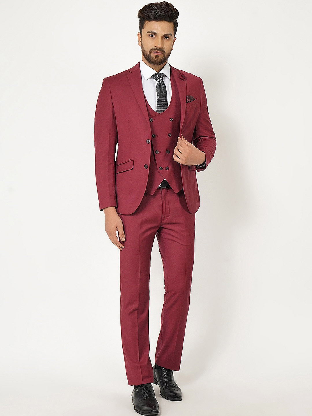 Blackberrys Men Rust Red Checked Slim Fit Single-Breasted Formal 3-Piece Suit