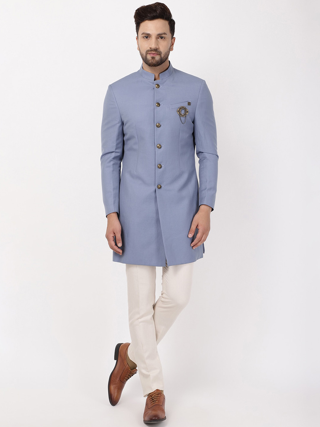 Blackberrys Men Blue & Cream-Coloured Solid 2-Piece Slim-Fit Bandhgala Suit