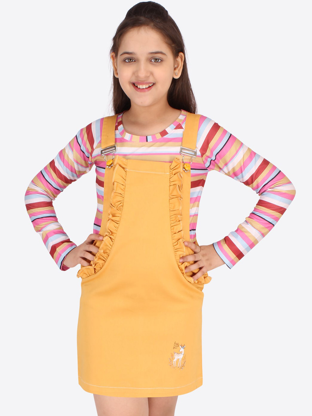 CUTECUMBER Multicoloured Denim Pinafore Dress