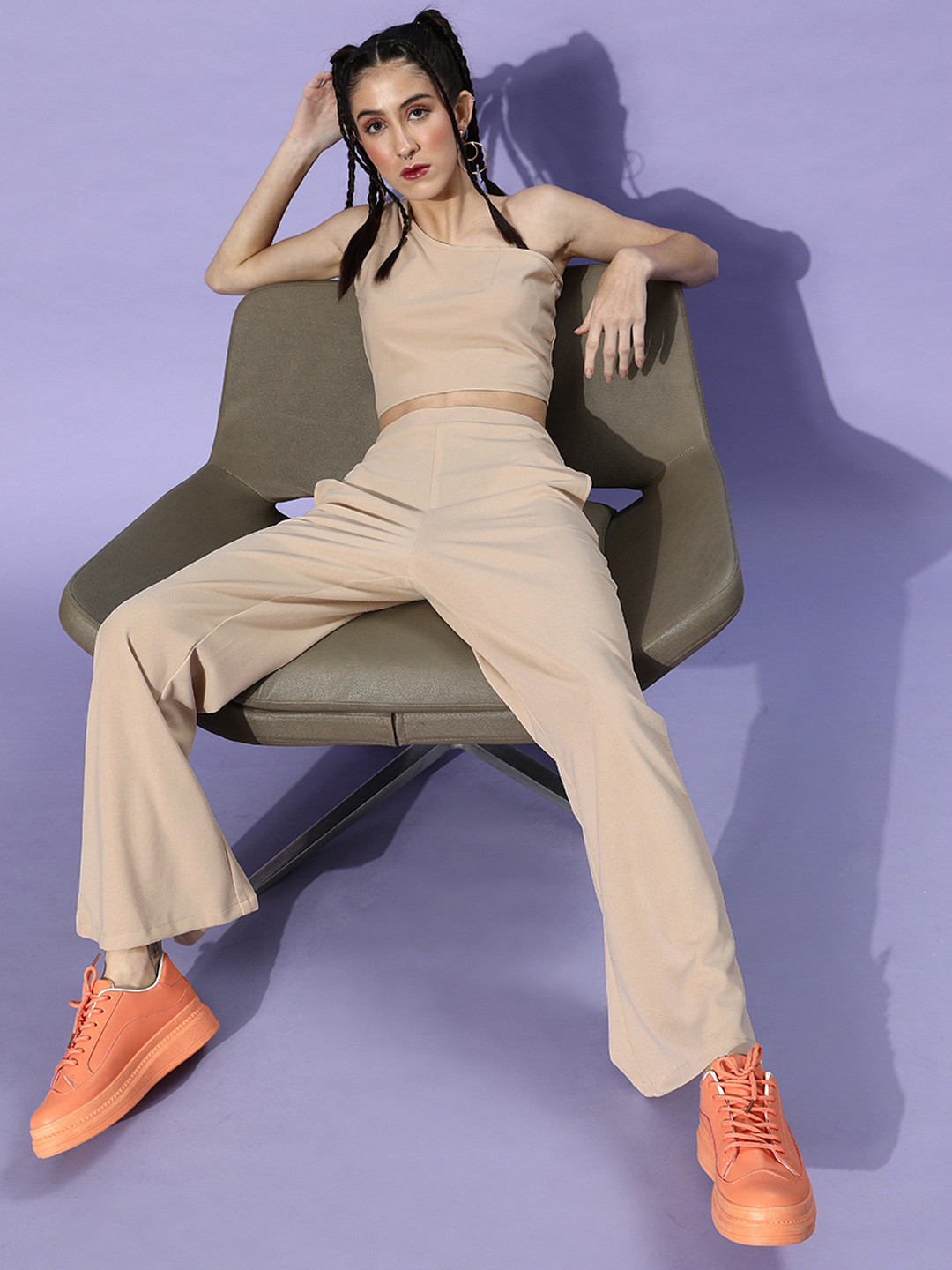 Athena Women Classy Beige Solid Top with Trousers