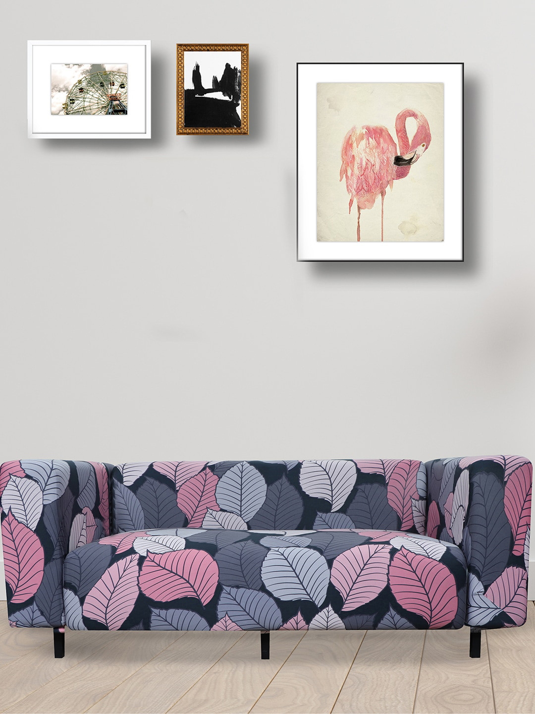 HOUSE OF QUIRK Pink & Grey Printed Four Seater Stretchable Sofa Covers