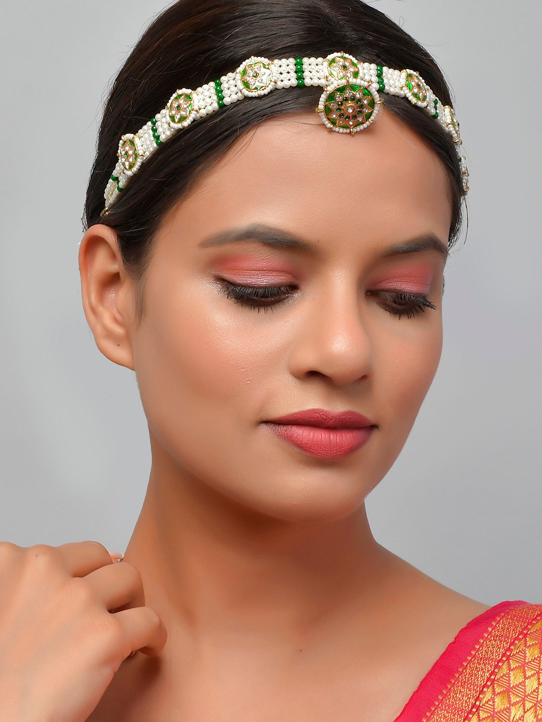 Silvermerc Designs Gold-Plated White & Green Stone-Studded & Beaded Borla Maatha Patti