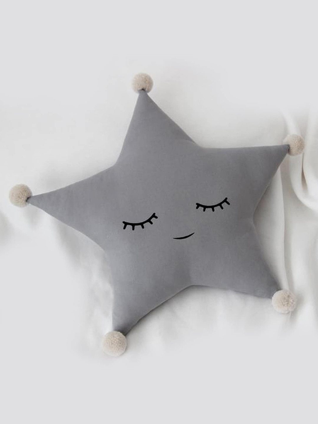 STYBUZZ Kids Grey Star Shaped Cushion With Pom Poms