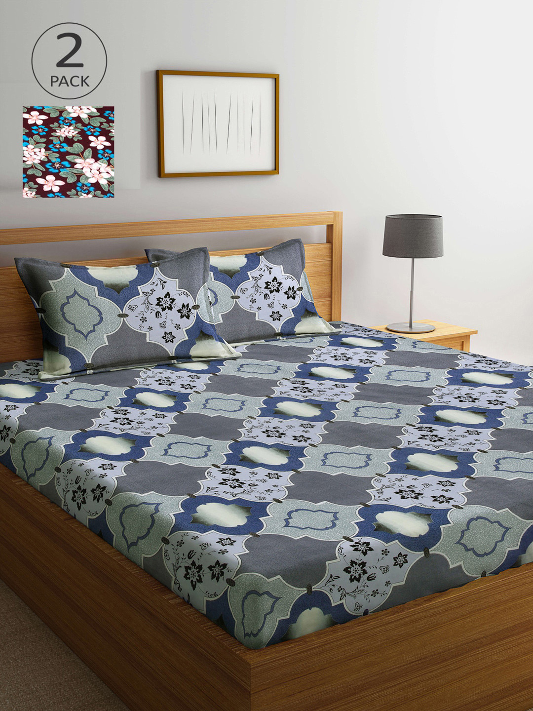 Arrabi Opulence Grey Ethnic Motifs Cotton 300 TC King Fine 2 Bedsheet with 4 Pillow Covers-98 x 106 inches