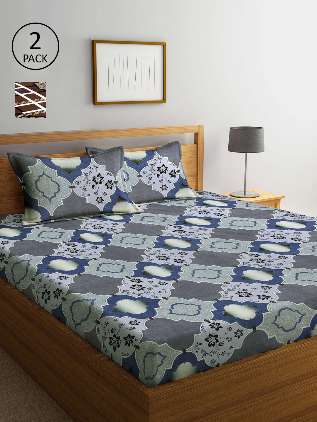 Arrabi Brown Graphic Polycotton 300 TC King Fine 2 Bedsheet with 4 Pillow Covers-98 x 89 inches
