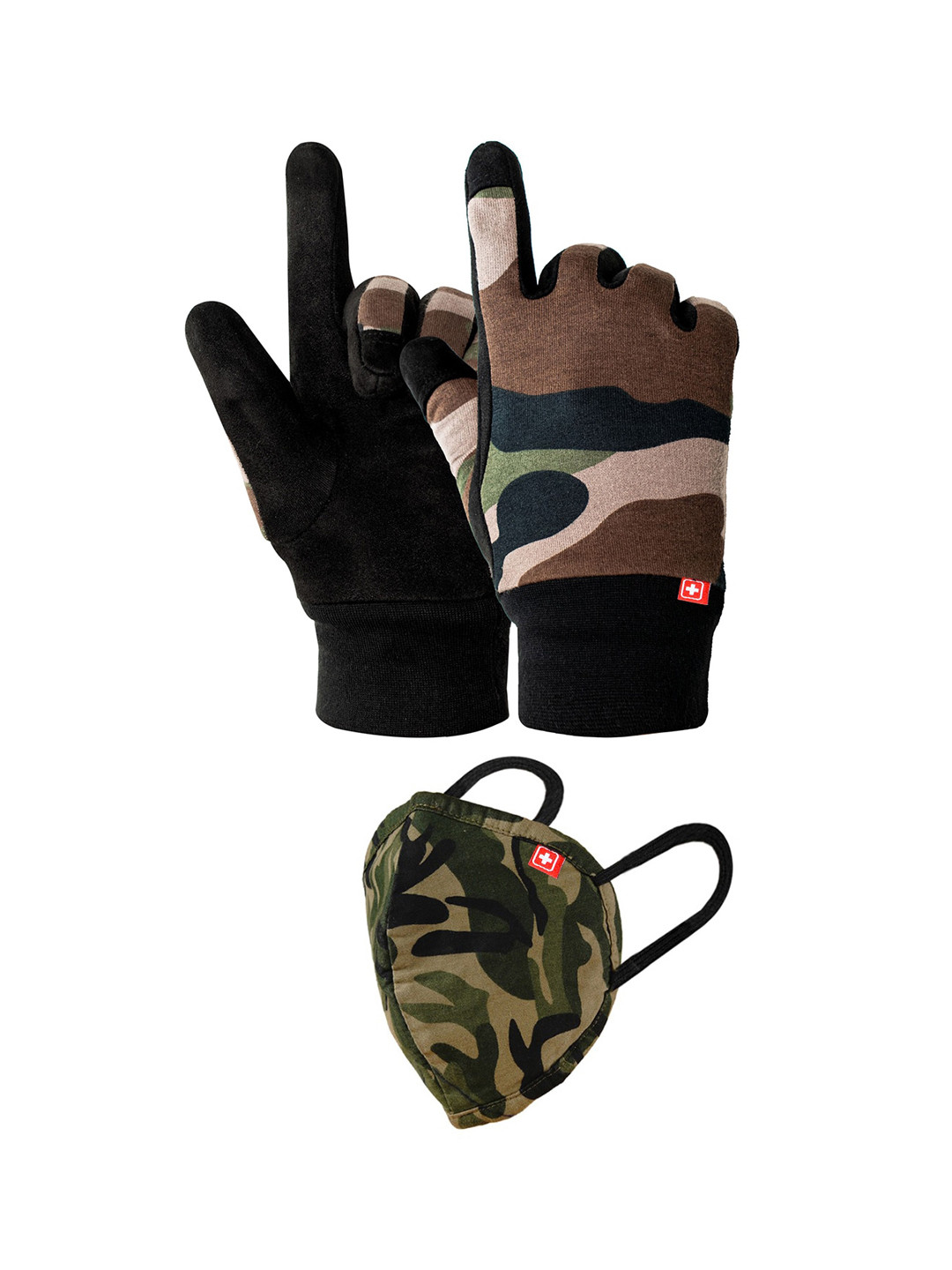 SWISS MILITARY Olive-Green & Beige Printed 3-Ply Reusable Protection Gloves & Alphaguard Mask Combo Kit