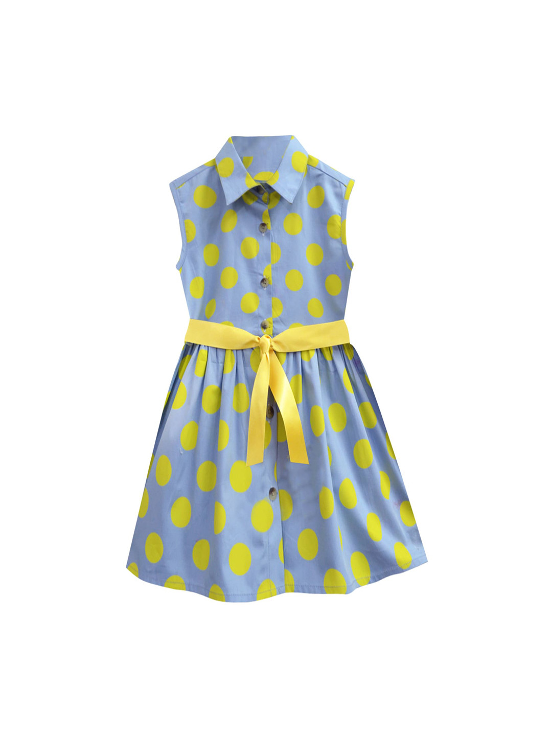 A T U N Blue & Yellow Polka Dots Printed Cotton Fit and Flare Dress