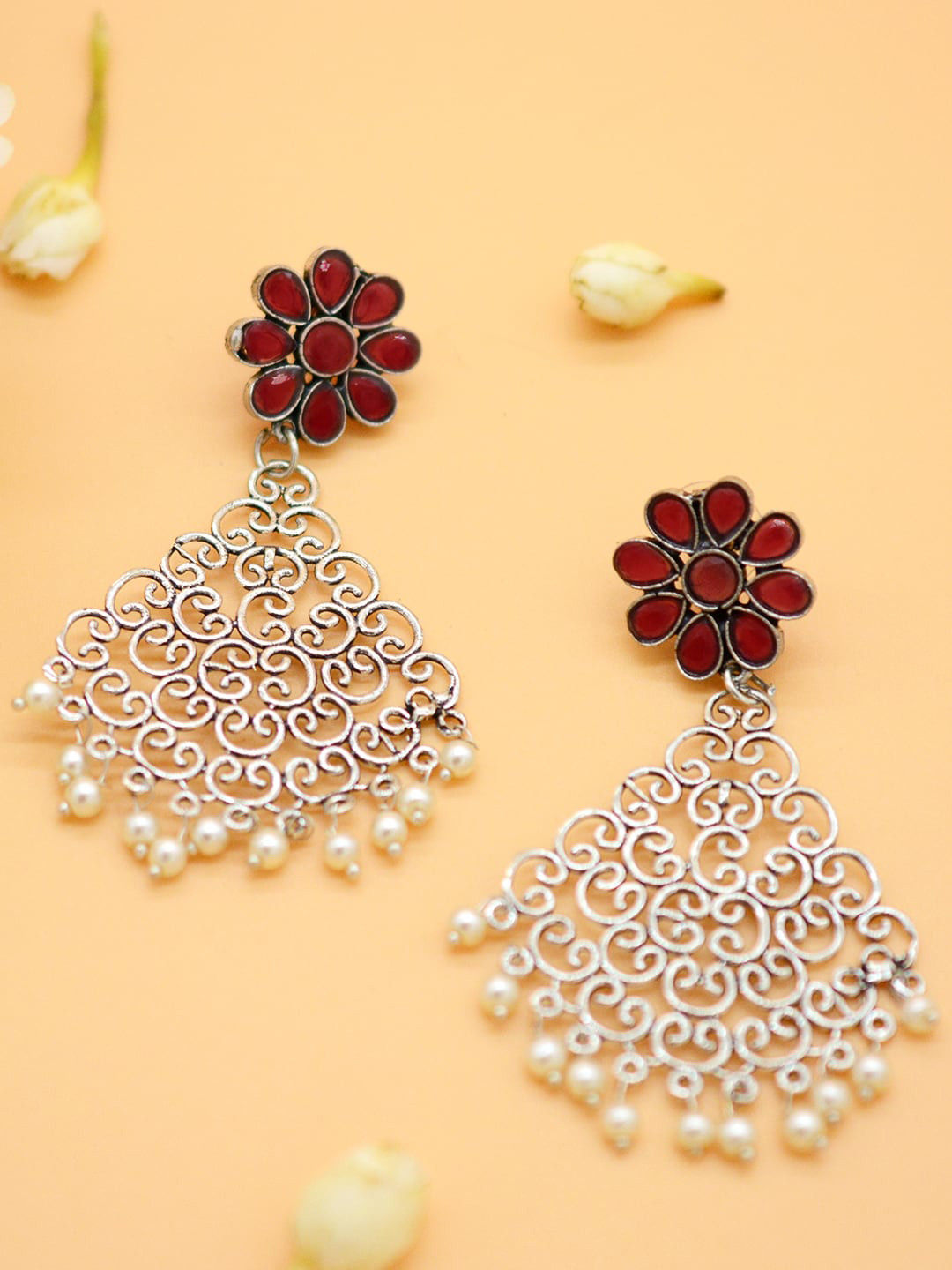 TEEJH Pearl Jali Silver-Plated Stone-Studded Drop Earrings