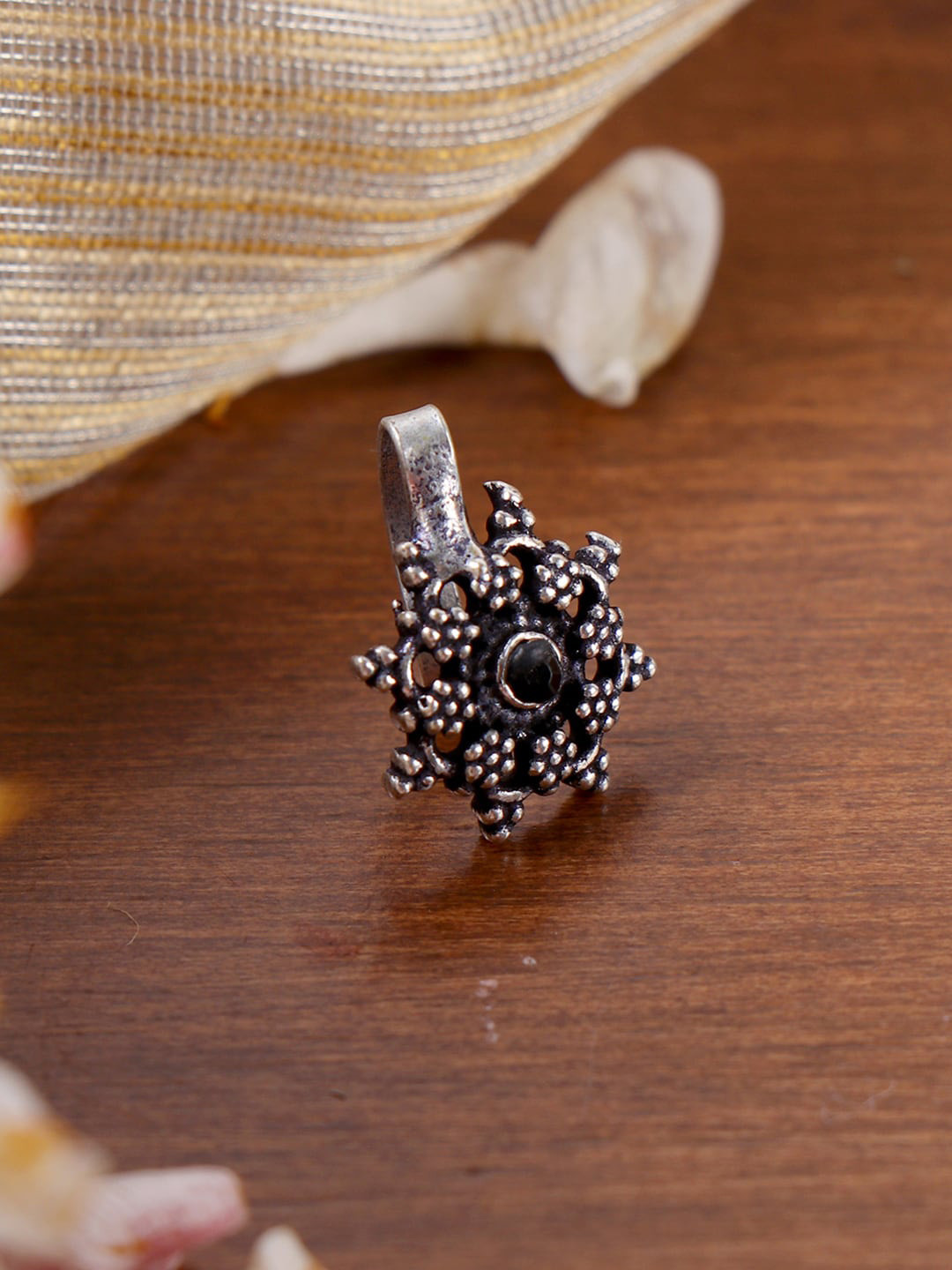 TEEJH Silver Oxidised Floral Stone Studded Nosepin