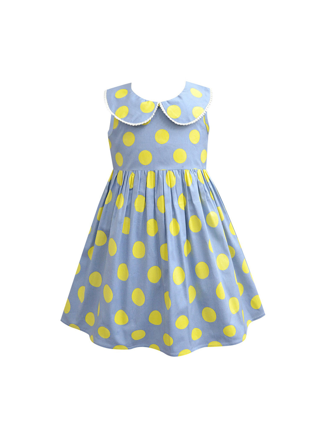A T U N Blue & Yellow Polka Dots Peter Pan Collar Dress