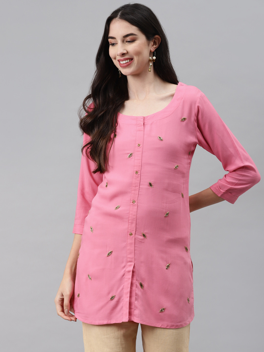 HIGHLIGHT FASHION EXPORT Pink Embroidered Regular Top