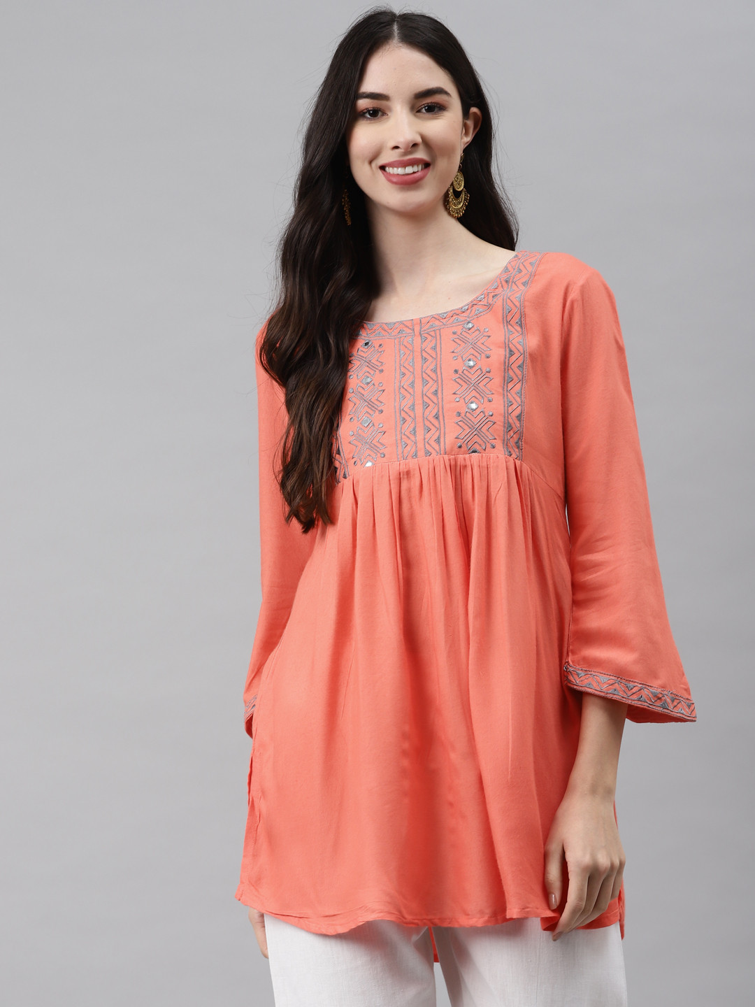 HIGHLIGHT FASHION EXPORT Peach-Coloured Embroidered Regular Top