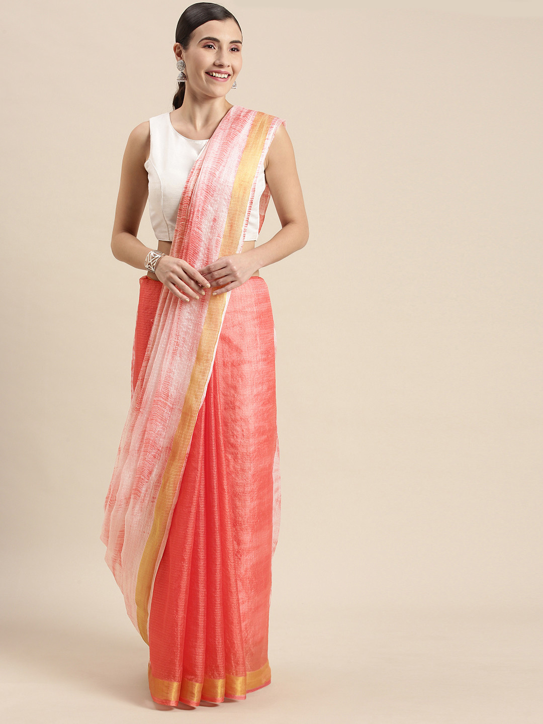 Geroo Jaipur Peach-Coloured Hand Tie and Dye Bandhani Kota Art Silk Saree