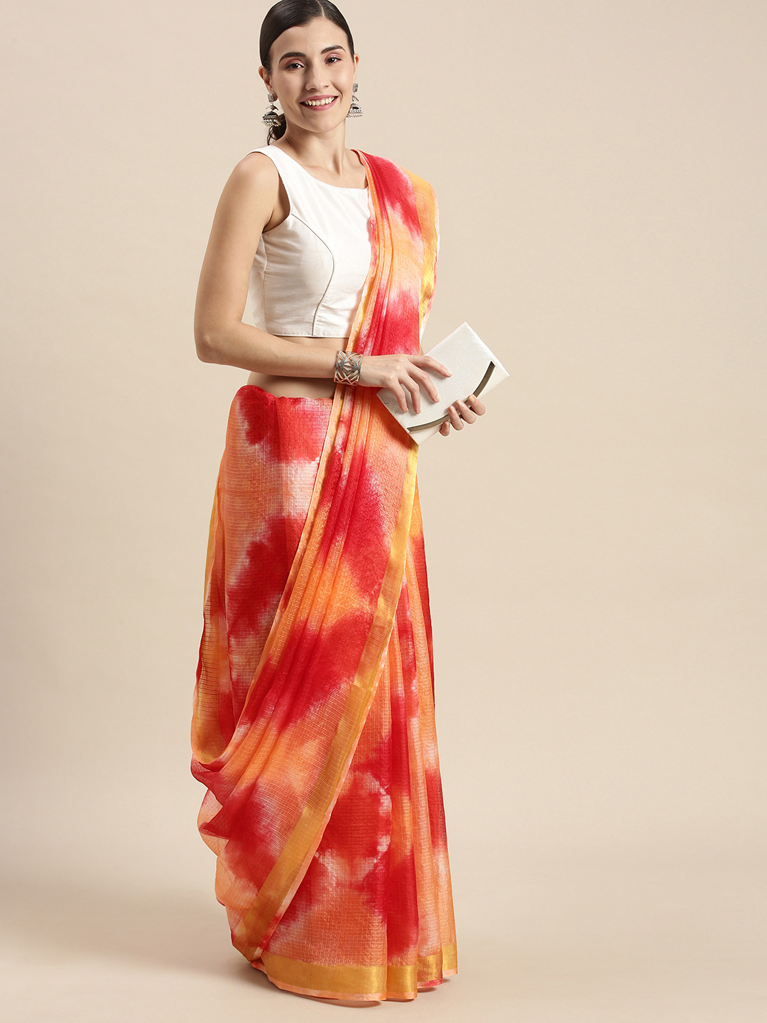 Geroo Jaipur Red Tie and Dye Art Silk Bandhani Shibori Kota Art Silk Saree